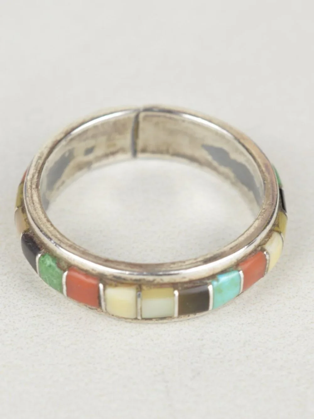 Vintage Navajo Sterling Silver Multi Stone Inlay Ring Band Sz 9 Southwest 4.3g - Picture 4 of 8